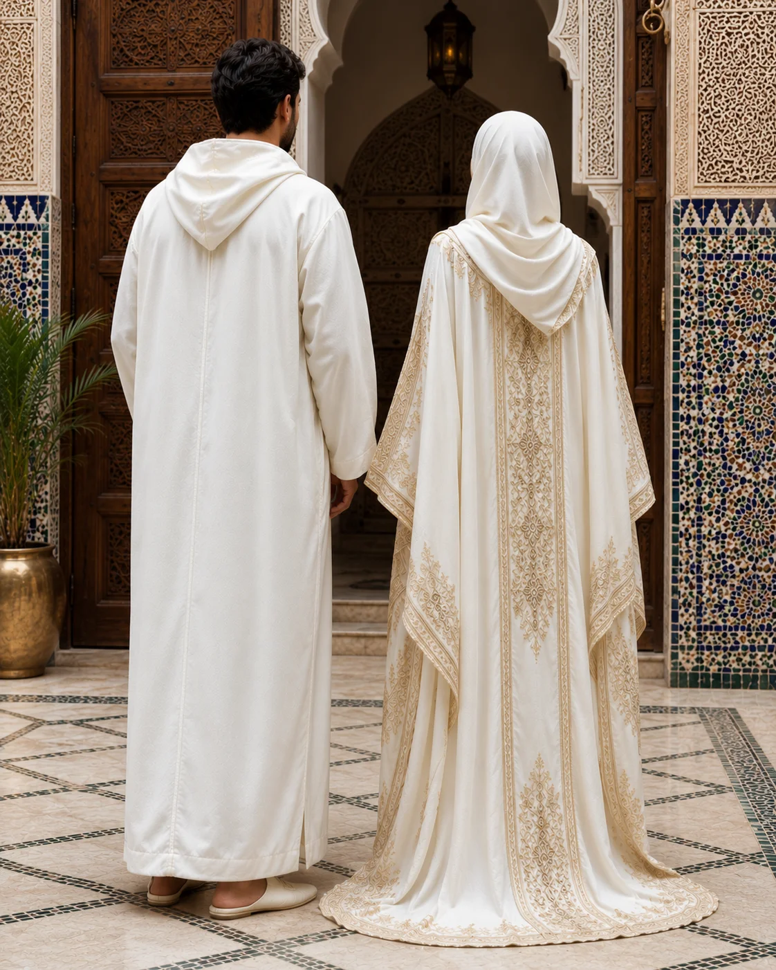 Couple en tenue traditionnelle marocaine dans un riad