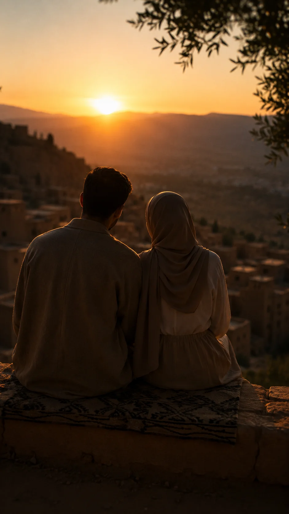 Couple assis face au coucher de soleil sur les hauteurs